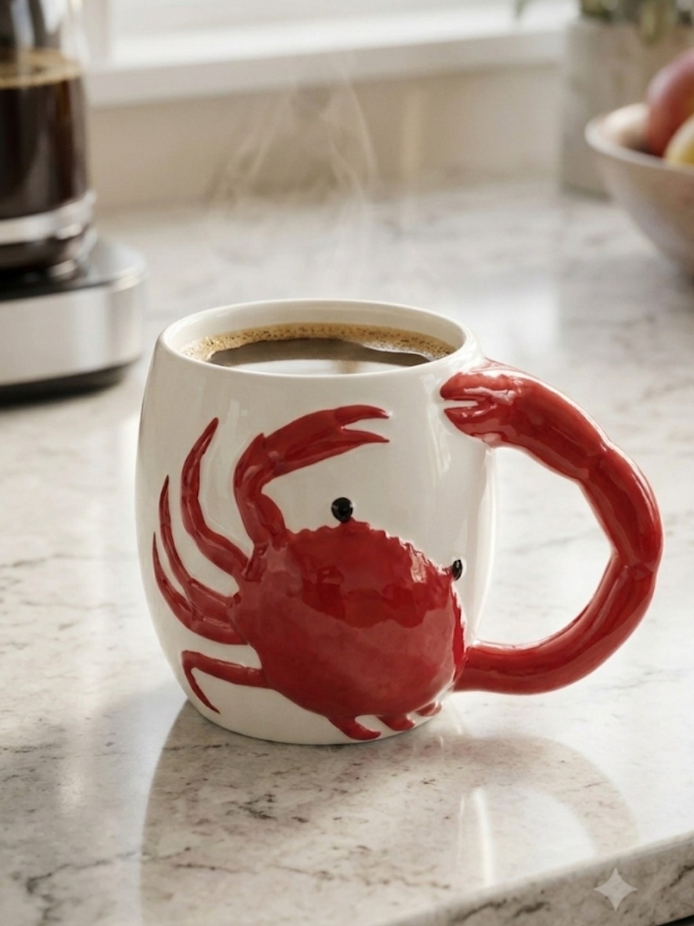 White Ceramic Crab Handle Coffee Mug - Red Crab Design